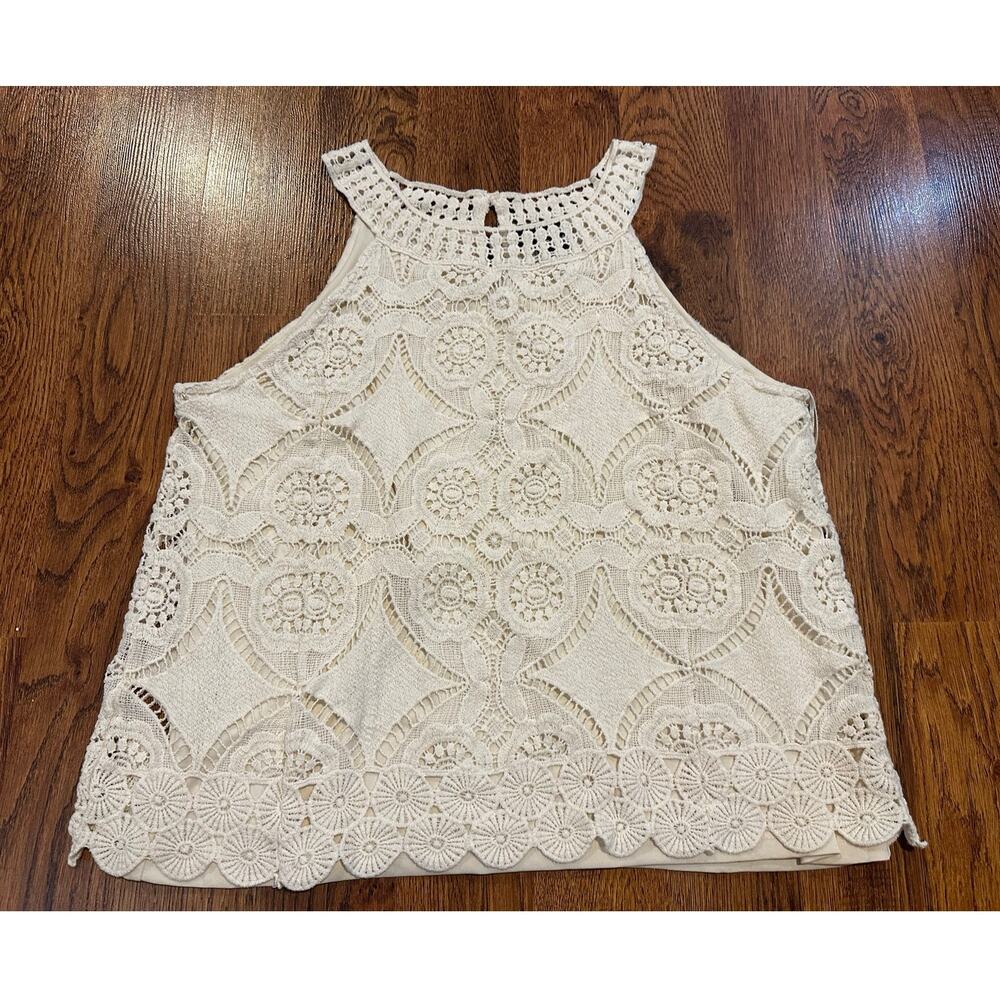 Frazzle Crochet Cotton Tank Top Women’s XL Cream Boho Beach Vacation